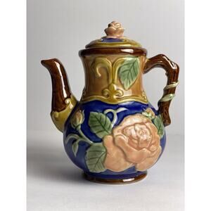 CBK China Majolica Teapot Brown/Blue w Pink Rose and Green Vine Design.